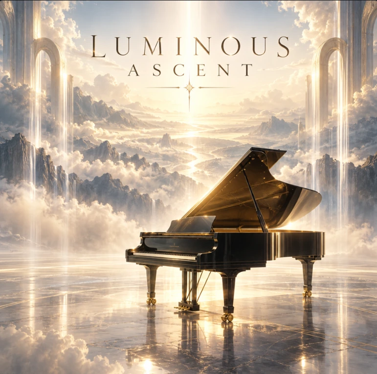 Golden celestial piano artwork for Luminous Ascent
