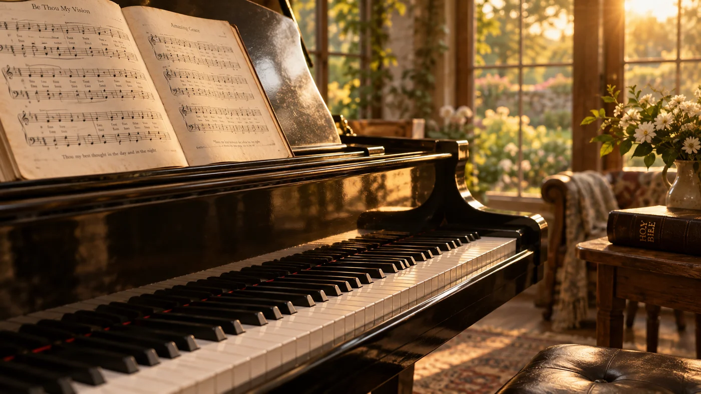 Piano keys in warm sunlight